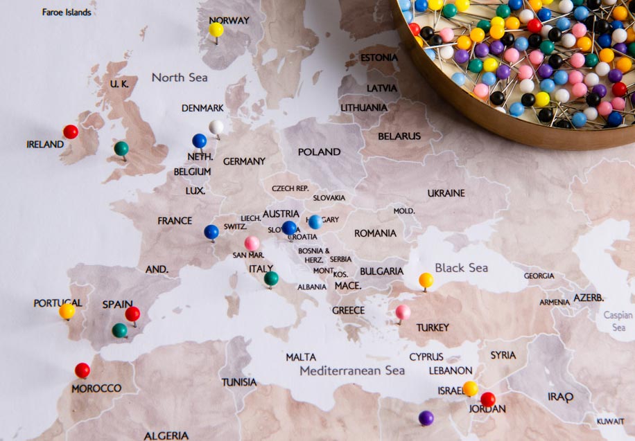 European map with pins